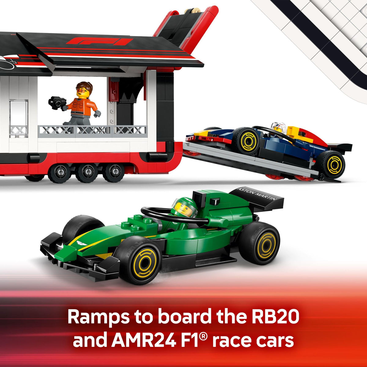 Features ramps for easy access to the RB20 and AMR24 F1® race cars. Verified by CuratCart for quality assurance.