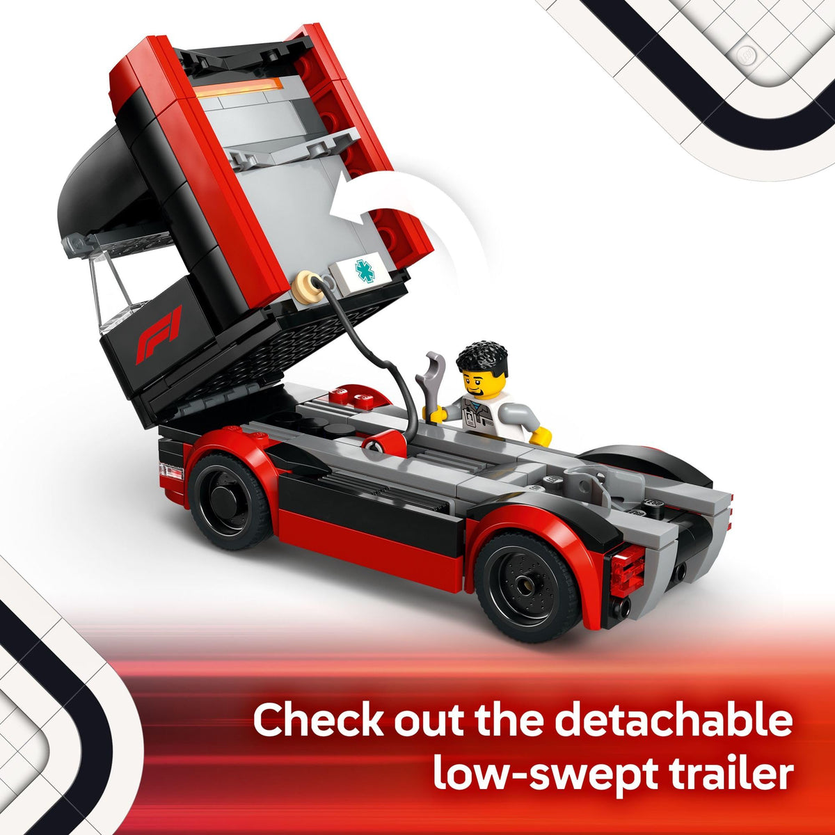 Experience the excitement with this premium imported LEGO City F1 Truck, featuring a detachable low-swept trailer and driver.