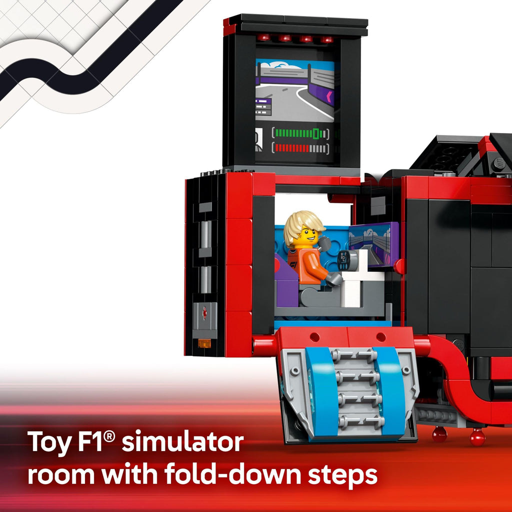 LEGO City F1 Truck features a detailed simulator room, complete with fold-down steps and a driver. Original and official product.