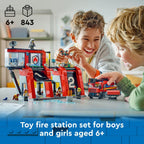 LEGO City Fire Station set for kids aged 6+, featuring a fire truck and firefighters. Available to order online.