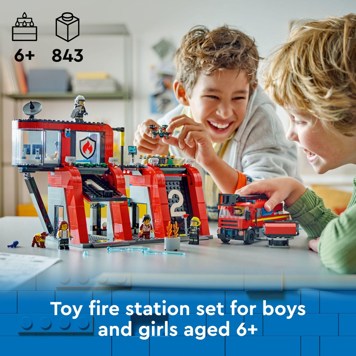 LEGO City Fire Station set for kids aged 6+, featuring a fire truck and firefighters. Available to order online.