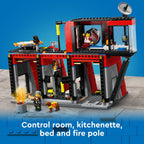 Features LEGO City Fire Station set with fire truck, control room, kitchenette, bed, fire pole, and firefighters in action.