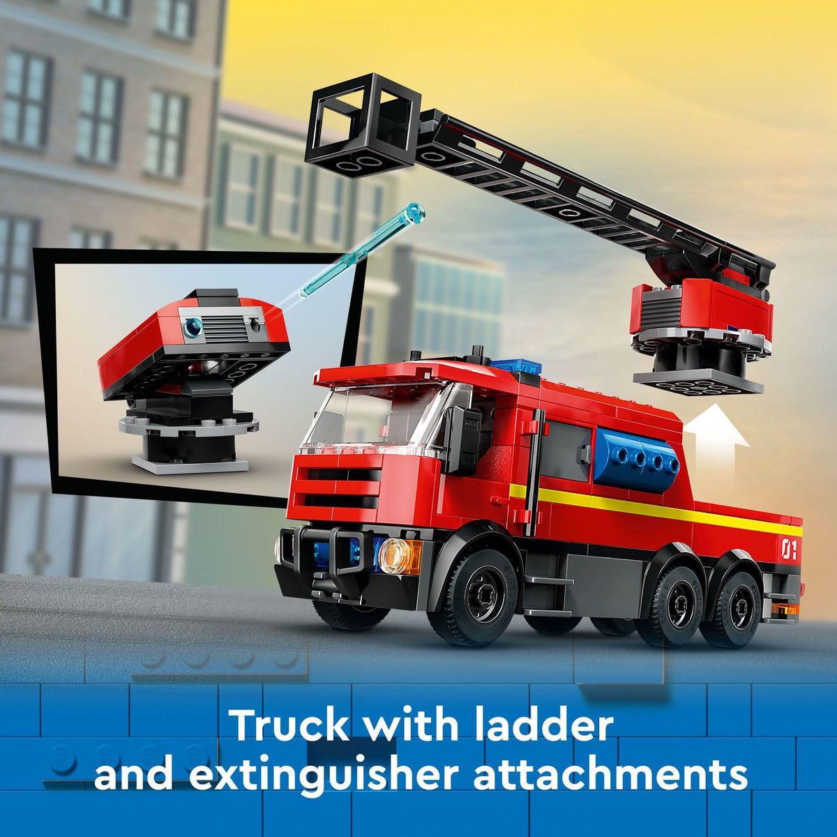 LEGO City Fire Station with fire truck featuring a ladder and extinguisher attachments. Verified by CuratCart.