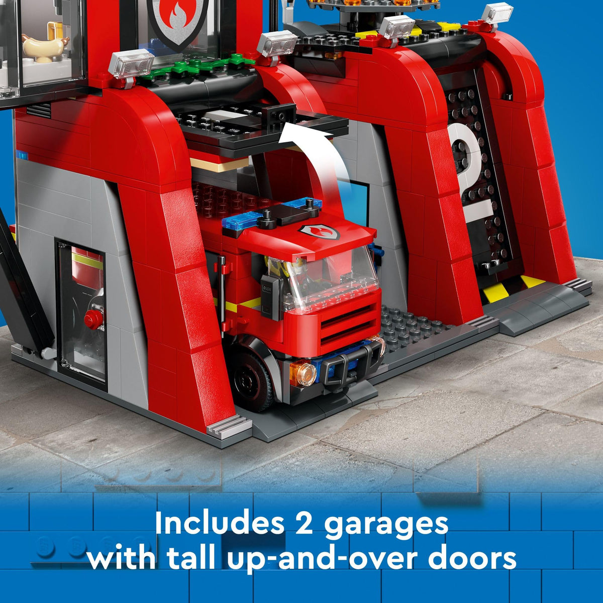 Premium imported LEGO City Fire Station, featuring 2 garages, fire truck, and impressive up-and-over doors.