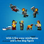 Authentic LEGO City Fire Station set features 5 fire crew minifigures and a fire dog figure, perfect for imaginative play.