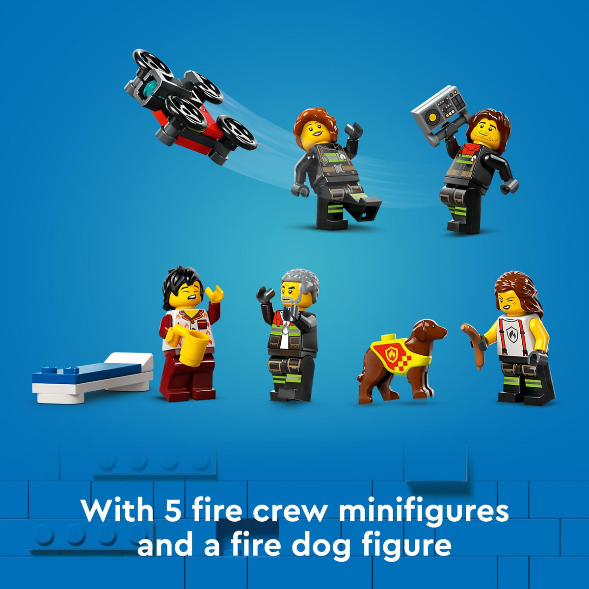 Authentic LEGO City Fire Station set features 5 fire crew minifigures and a fire dog figure, perfect for imaginative play.