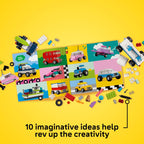 Official LEGO Classic set featuring colorful vehicle pieces with 10 imaginative design ideas on a vibrant backdrop.