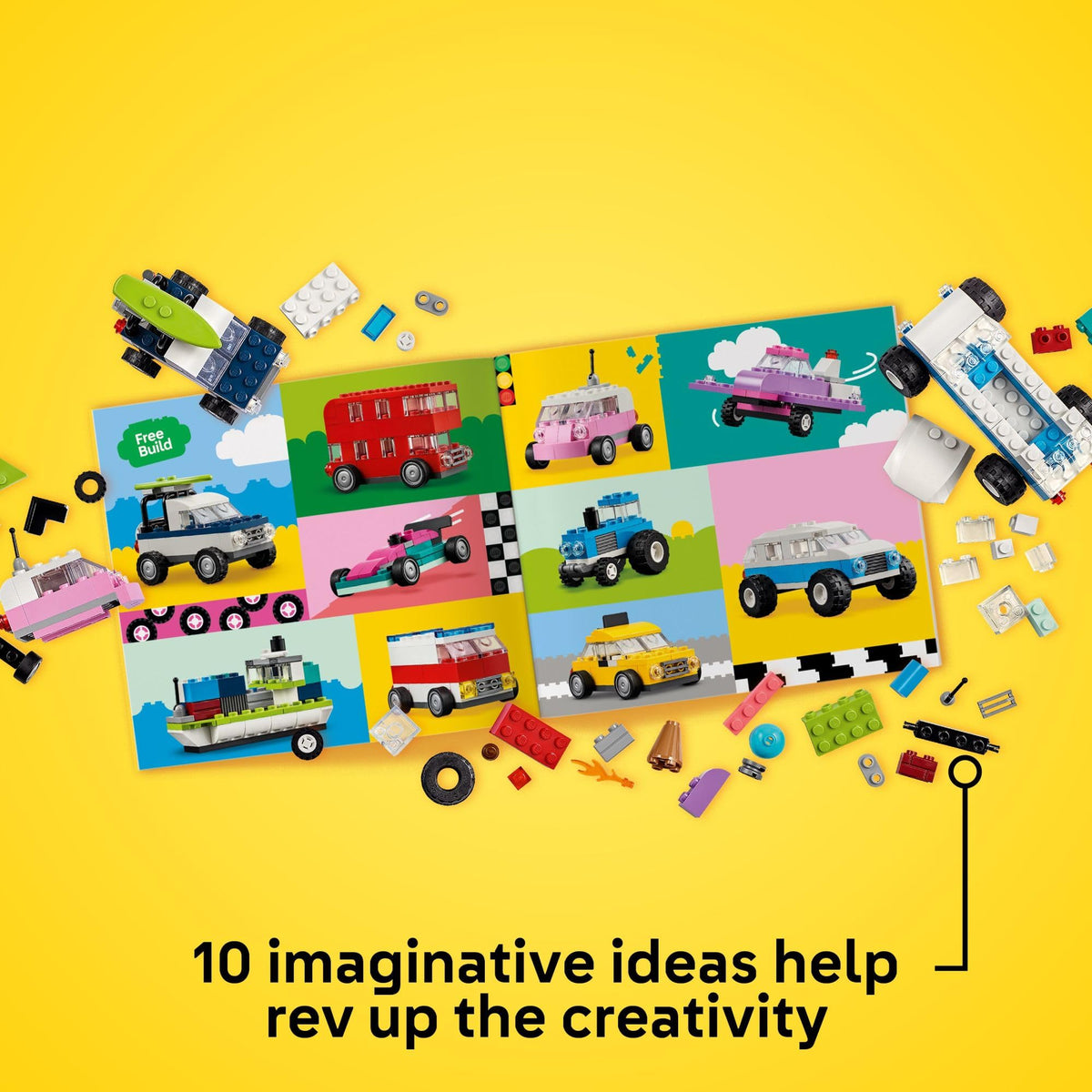 Official LEGO Classic set featuring colorful vehicle pieces with 10 imaginative design ideas on a vibrant backdrop.