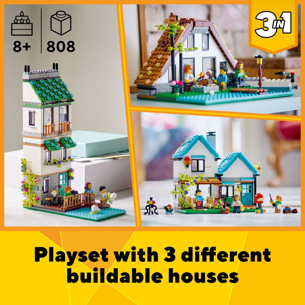 Explore creativity with the LEGO Creator 3-in-1 Cozy House set. Available for online order in India for ages 8+. Build three unique houses!