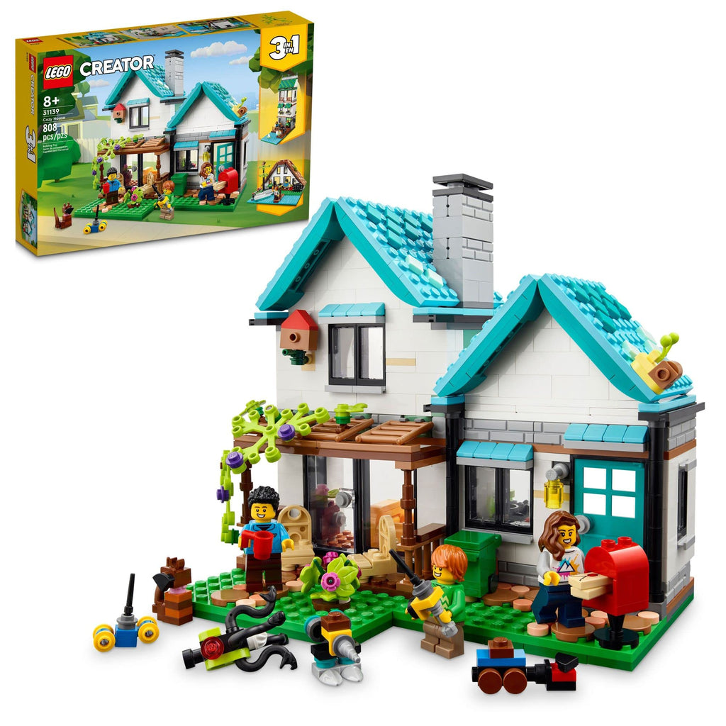 Authentic LEGO Creator 3-in-1 Cozy House set features a charming home, backyard details, and playful minifigures.