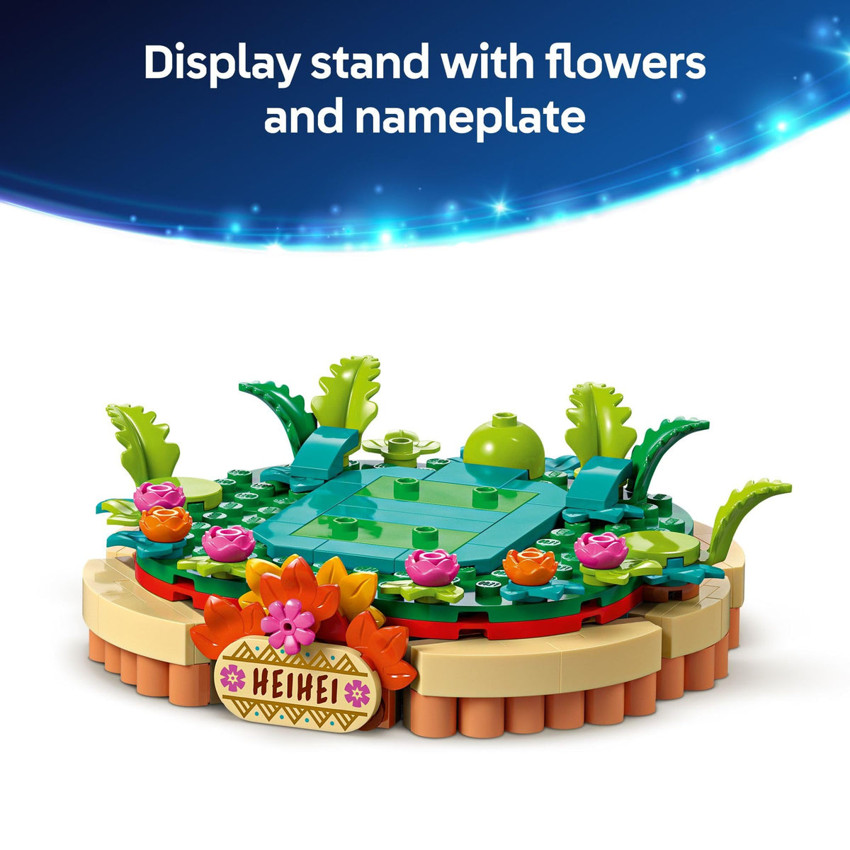 Authentic LEGO display stand featuring Heihei, surrounded by colorful flowers and greenery, perfect for collectors.