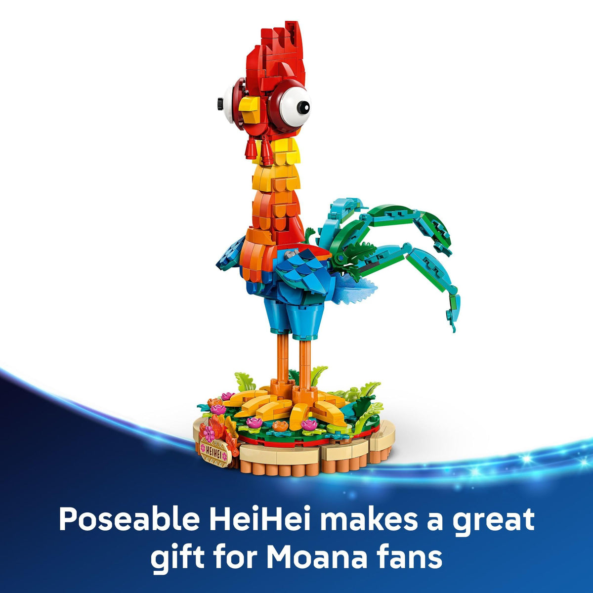 This premium imported LEGO set features poseable HeiHei, a vibrant gift for Moana fans, capturing the movie's spirit.