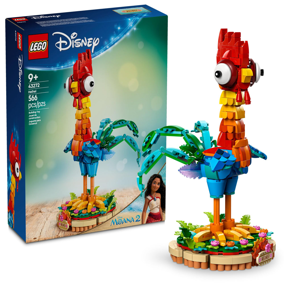 Authentic LEGO Disney Moana set featuring Heihei the rooster, includes 566 pieces for imaginative building.