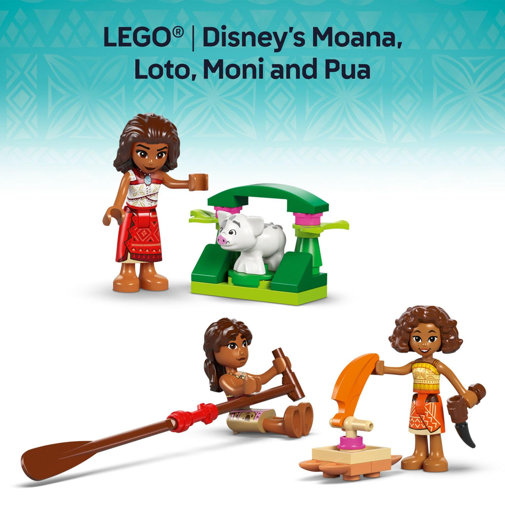 Explore LEGO Disney Moana's Adventure Canoe featuring authentic Moana, Loto, Moni, and Pua figures. Genuine fun for all!