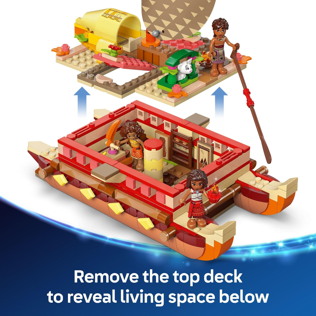 Explore LEGO Disney Moana's Adventure Canoe, featuring removable deck, living space, and fun characters for imaginative play.