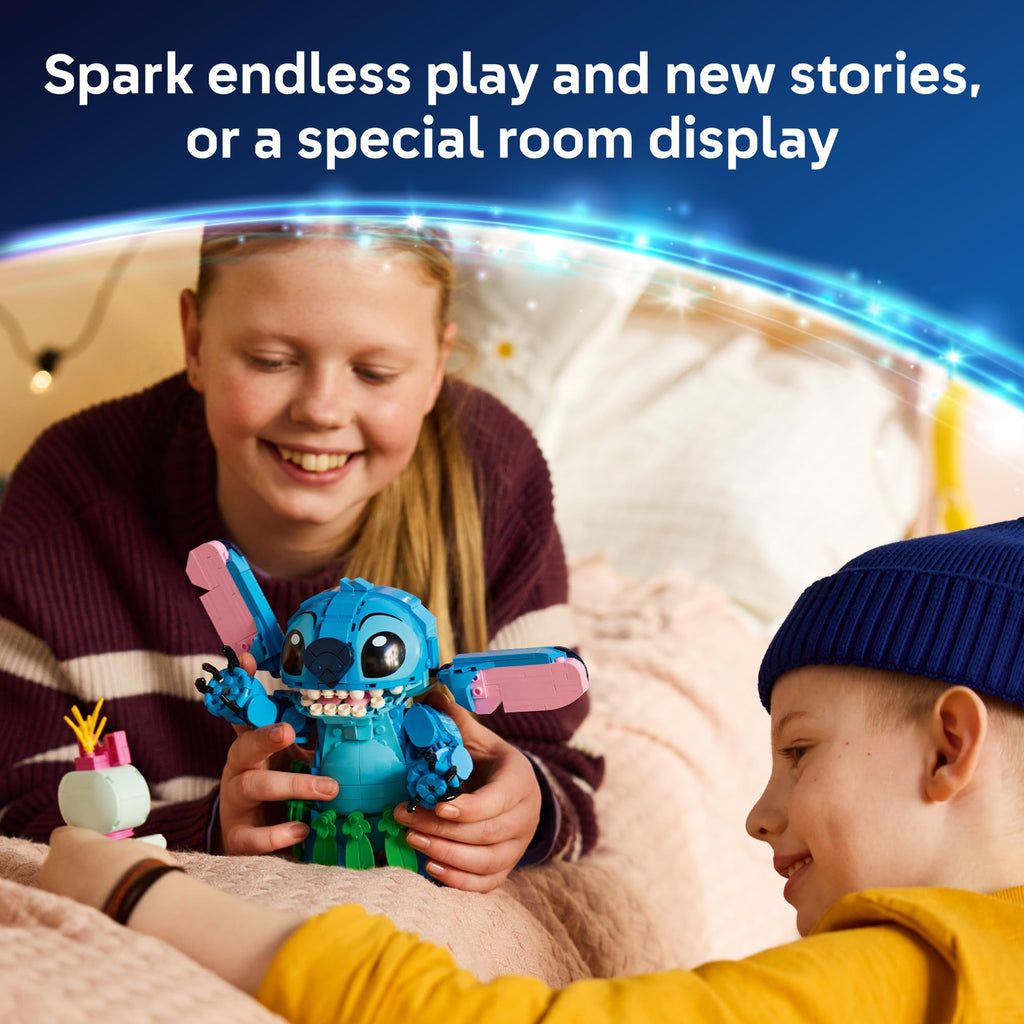 Children enjoying LEGO Disney Stitch & Scrump 43296, a vibrant set for creative play and display, verified by CuratCart.