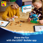 Two children happily building LEGO Disney Stitch & Scrump 43296 with the LEGO Builder app, showcasing creativity and fun.