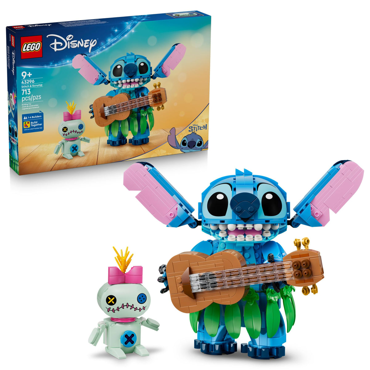 100% genuine LEGO Disney Stitch & Scrump set, featuring Stitch with a guitar and Scrump doll, 713 pieces for creative fun.