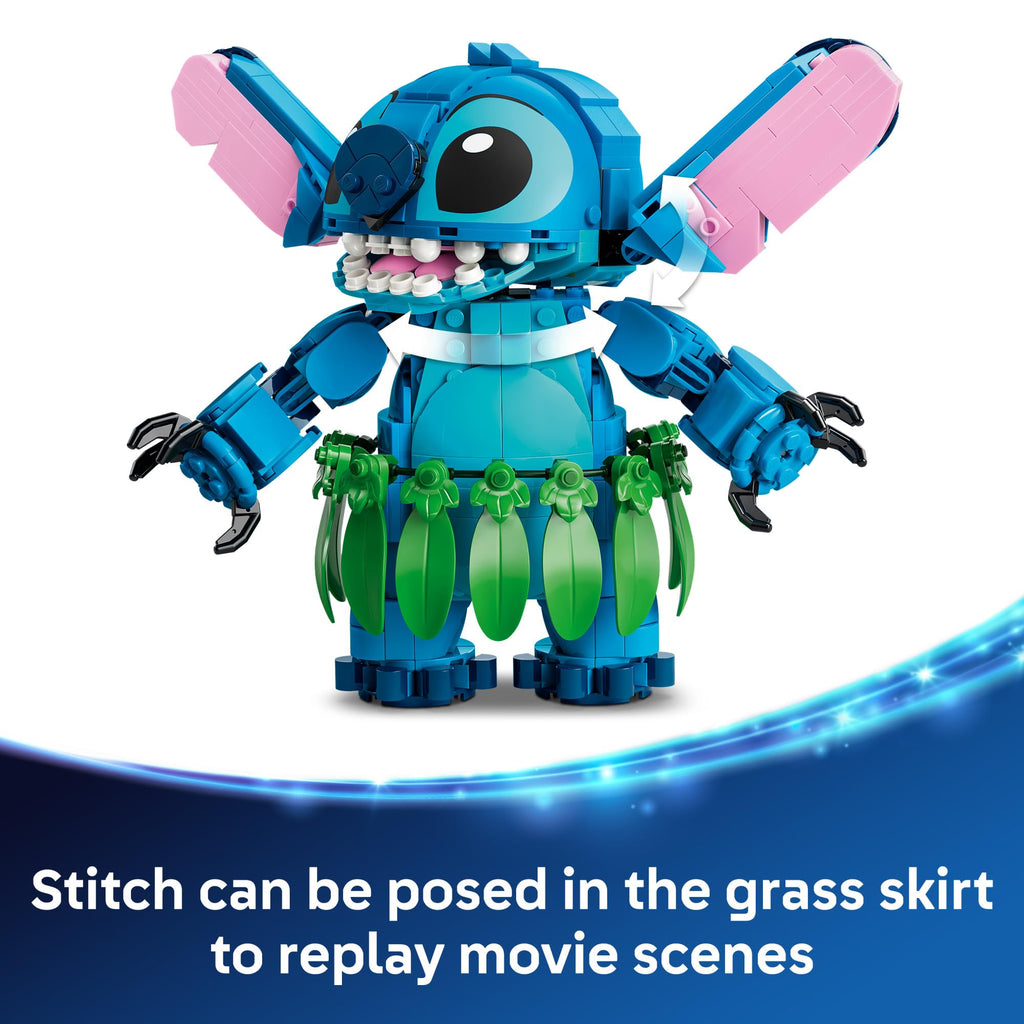 Premium imported LEGO Disney Stitch & Scrump set, featuring a poseable Stitch in a grass skirt, perfect for recreating scenes.
