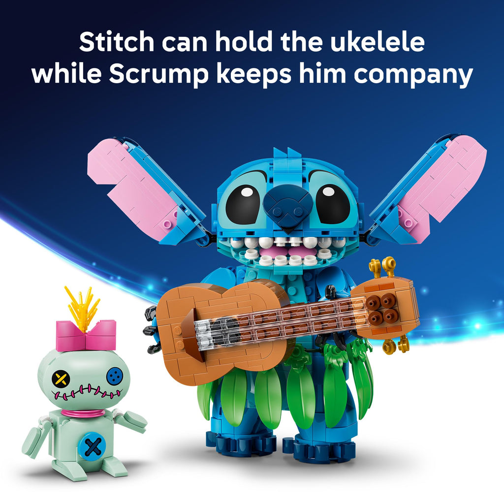 LEGO Disney set featuring Stitch holding a ukulele with Scrump by his side, showcasing vibrant colors and official packaging.