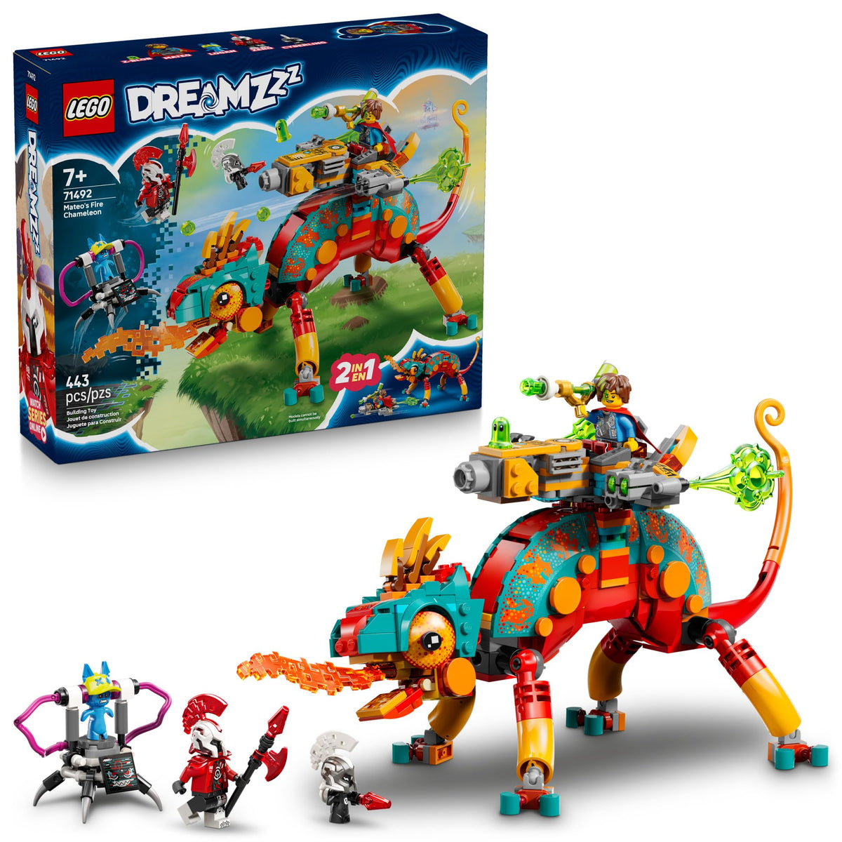 Authentic LEGO DREAMZzz set features Mateo, a fire chameleon, and two characters with accessories. 1443 pieces.