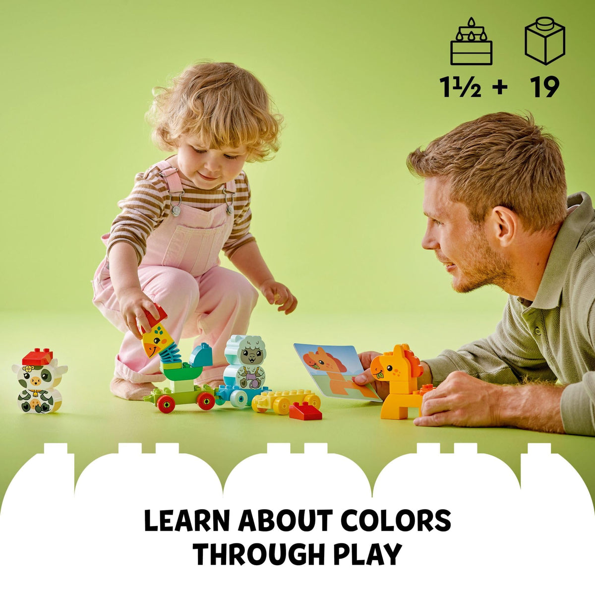 A child and adult enjoy the LEGO DUPLO My First Animal Train 10412, available online in India. Perfect for learning through play.