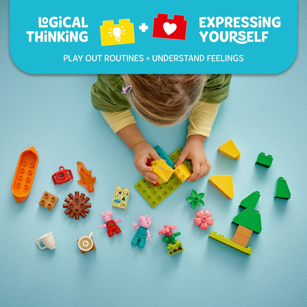 Imported LEGO DUPLO Peppa Pig Camping Trip set promotes creativity; child builds with colorful blocks and characters.