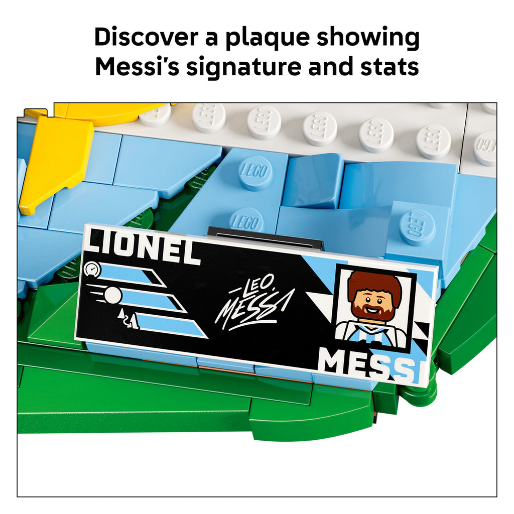 Detailed view of the LEGO Editions Lionel Messi set, showcasing a plaque with Messi's signature and stats. Verified by CuratCart.