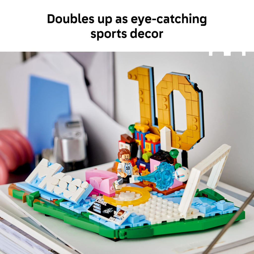100% authentic LEGO Lionel Messi set showcasing a vibrant soccer scene, perfect for fans and decor.