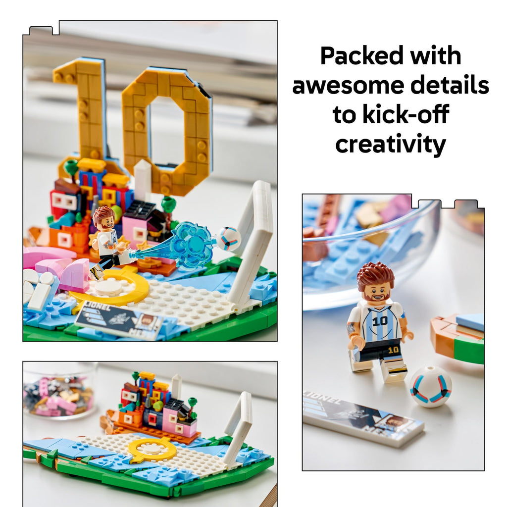 Premium imported LEGO Editions Lionel Messi set, features soccer scene with detailed figures and accessories.