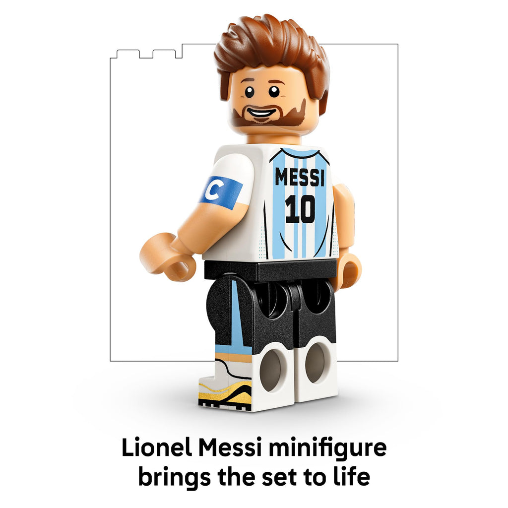 Official LEGO Lionel Messi minifigure features detailed design, perfect for collectors and soccer fans alike.