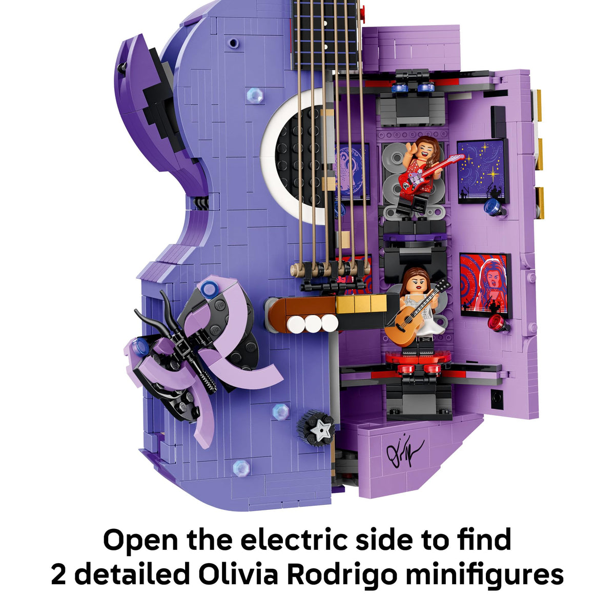 Discover Olivia Rodrigo in LEGO form! Open the electric guitar to reveal two detailed minifigures. Verified by CuratCart.