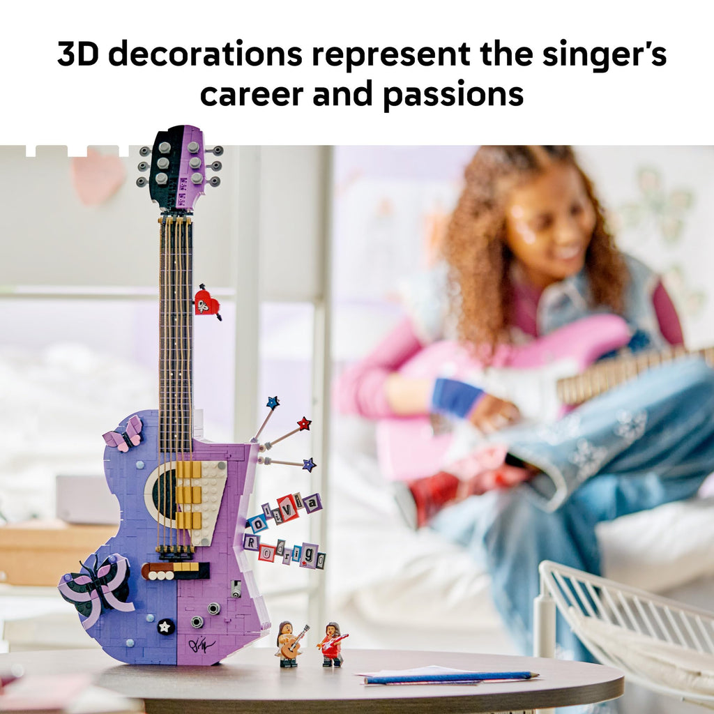 Premium imported LEGO set featuring Olivia Rodrigo's dual guitar with colorful 3D decorations symbolizing her passions.