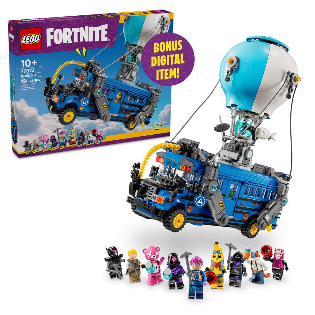 Authentic LEGO Fortnite Battle Bus building toy set with bonus digital item, includes various character mini-figures.