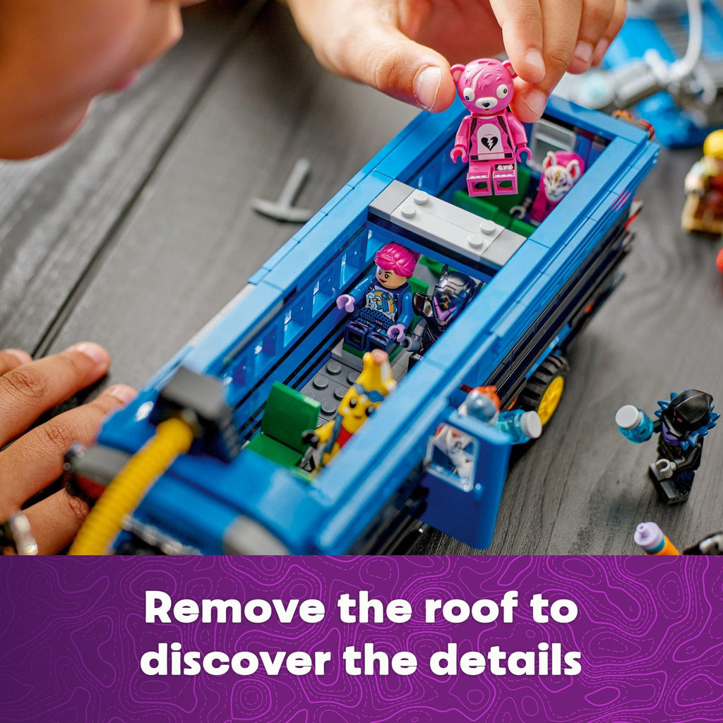 Engage in fun with the LEGO Fortnite Battle Bus, featuring removable roof and detailed figures. Verified by CuratCart.