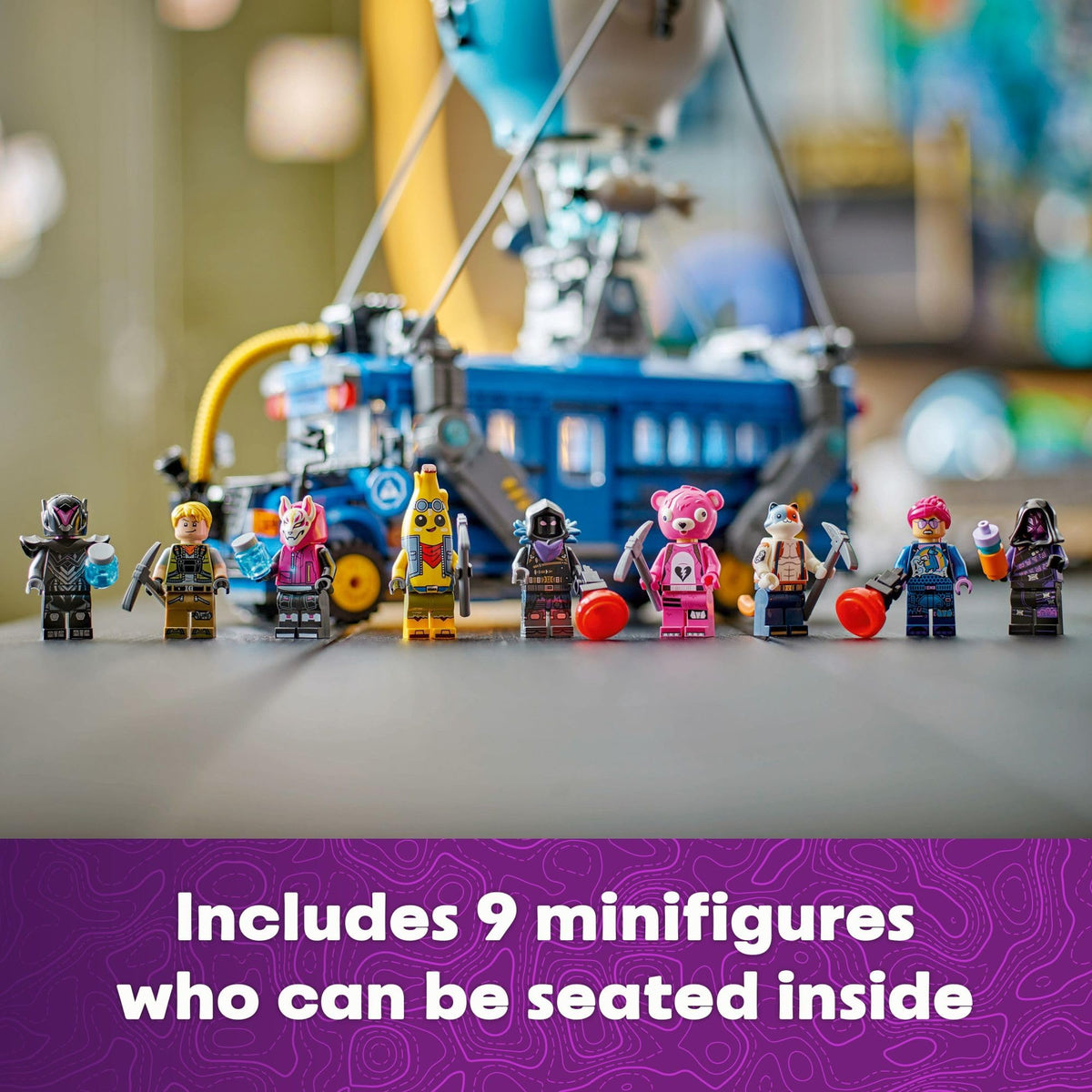 Authentic LEGO Fortnite Battle Bus toy includes 9 detailed minifigures that fit inside for imaginative play.