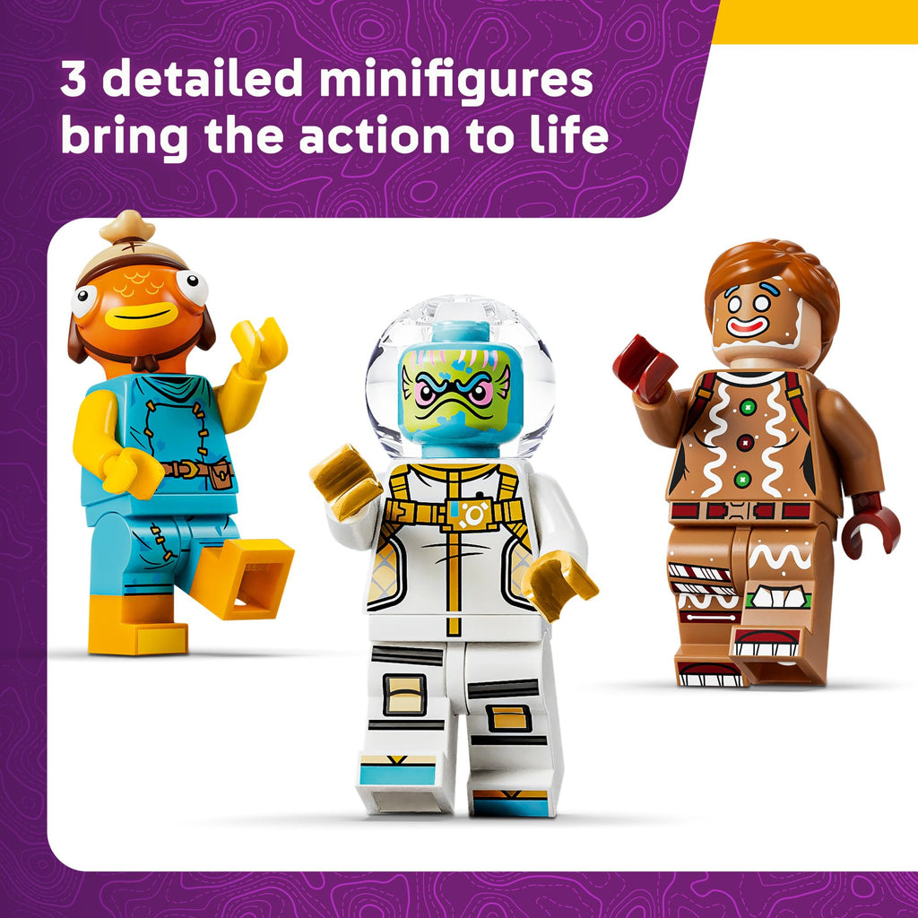 Three vibrant LEGO minifigures from Fortnite featuring unique designs and accessories, ready for epic battles.