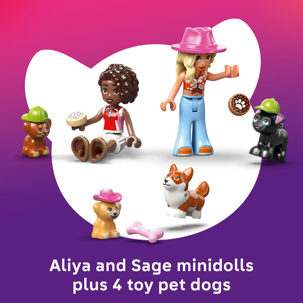 LEGO Friends Dog Treats Bakery 42677 features Aliya and Sage minidolls with 4 pet dogs and fun baking accessories.