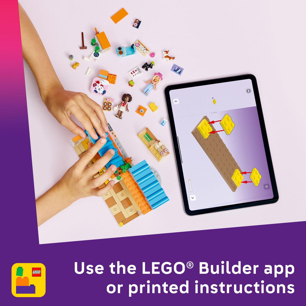 Kids engaged with LEGO Friends Dog Treats Bakery 42677, building with colorful pieces and instructions on a tablet.