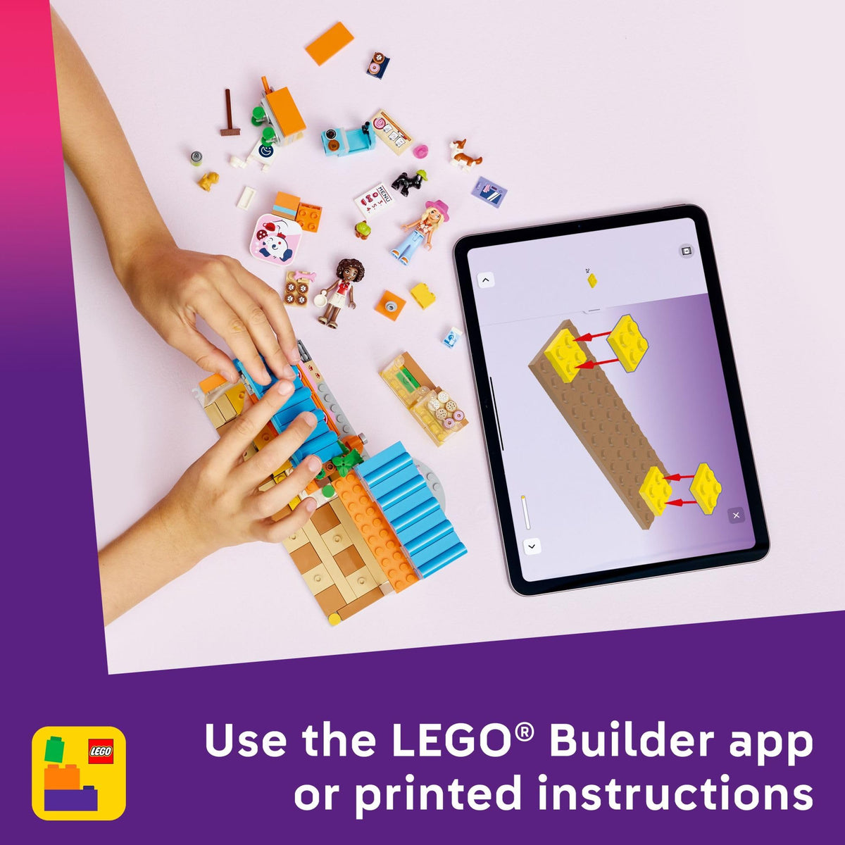 Kids engaged with LEGO Friends Dog Treats Bakery 42677, building with colorful pieces and instructions on a tablet.
