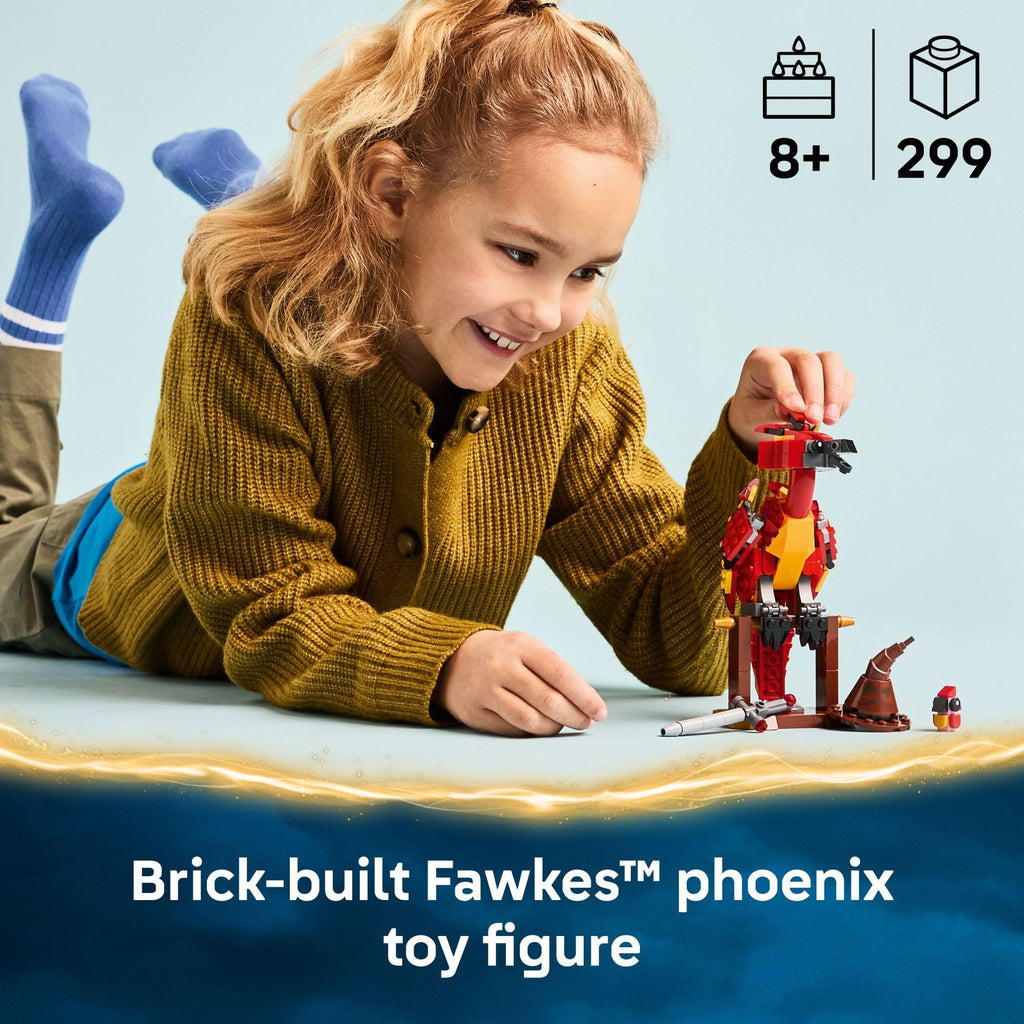 Child enjoys building the LEGO Harry Potter Fawkes set. Available for order online, great for ages 8 and up!