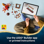 Authentic LEGO Harry Potter Fawkes set shown, with tablet using Builder app for assembling instructions.