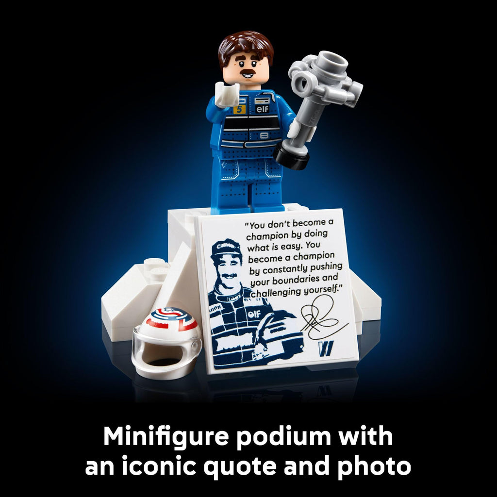 Authentic LEGO minifigure on podium with helmet and iconic quote, celebrating racing legacy.