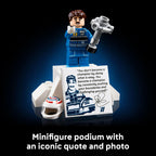 Authentic LEGO minifigure on podium with helmet and iconic quote, celebrating racing legacy.