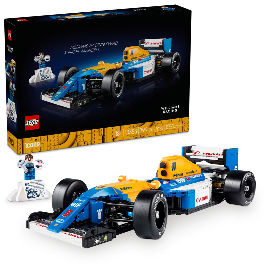Authentic LEGO Icons Williams Racing FW14B & Nigel Mansell set. Includes detailed model and figure, 799 pieces.