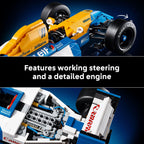 LEGO Icons Williams Racing FW14B set featuring working steering, intricate engine details, and original packaging.
