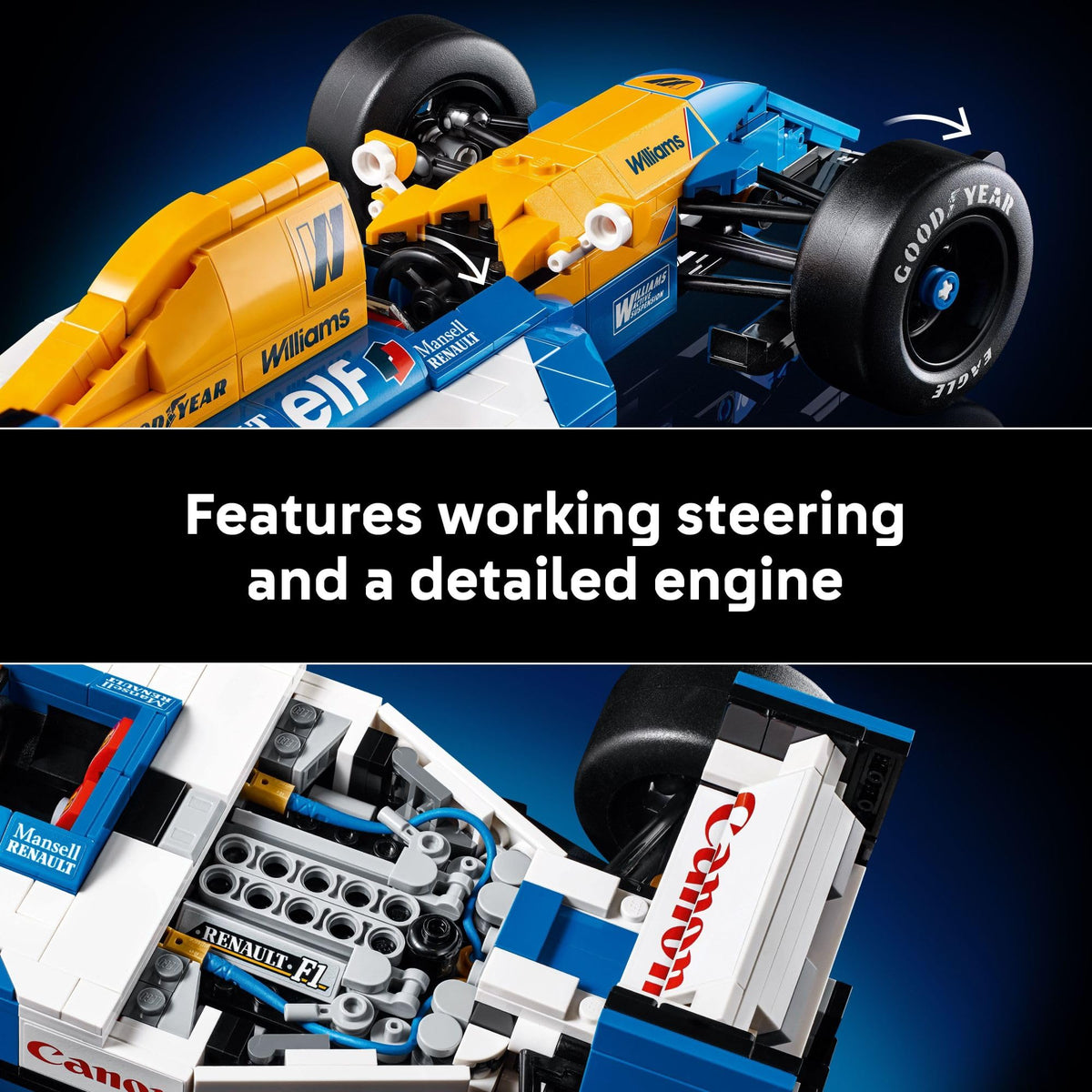 LEGO Icons Williams Racing FW14B set featuring working steering, intricate engine details, and original packaging.