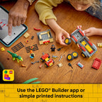 Child assembling LEGO Jurassic World Young T. rex Transpo with the help of a digital app, featuring vibrant bricks.