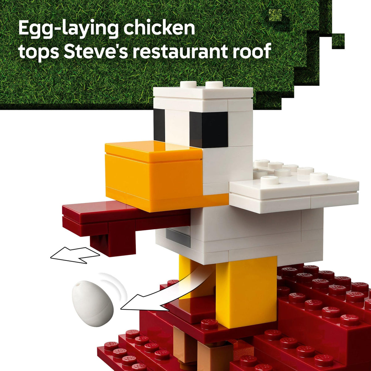 A vibrant LEGO chicken sits atop a red restaurant roof, symbolizing fun and creativity in buildable play. Verified by CuratCart.