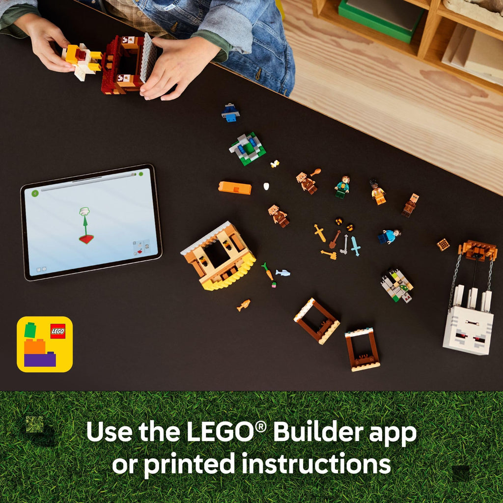 Build the LEGO Minecraft Ghast Balloon Village with easy-to-follow instructions using the Builder app or printed guide.